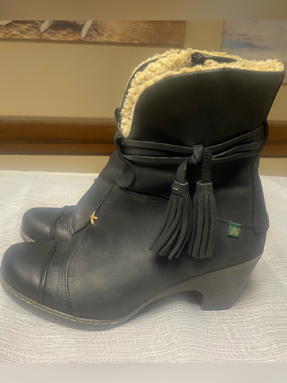 El Naturalista Black Women's Tassel Ankle Boots with Shearling Trim